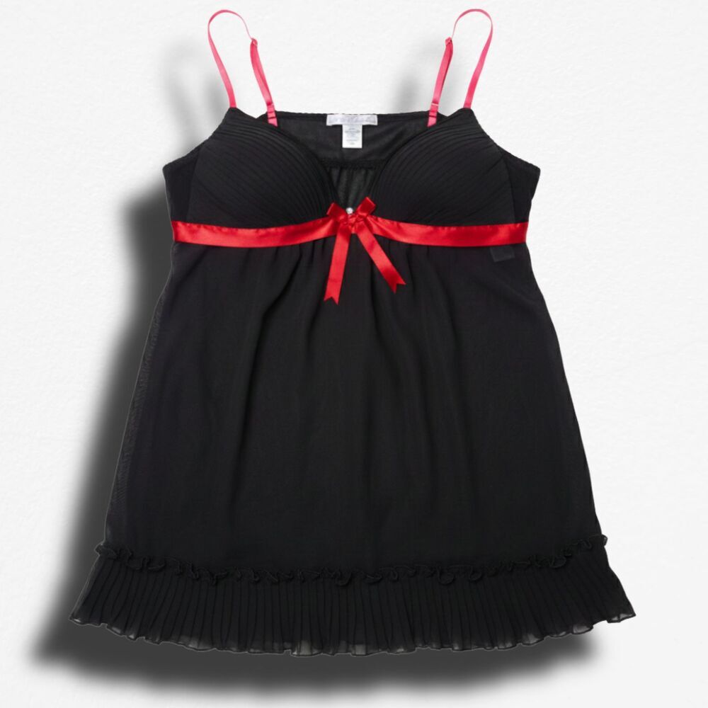Size XL Linea Donatella‎ Black & Pink Ribbon Pleated Babydoll Chemise
